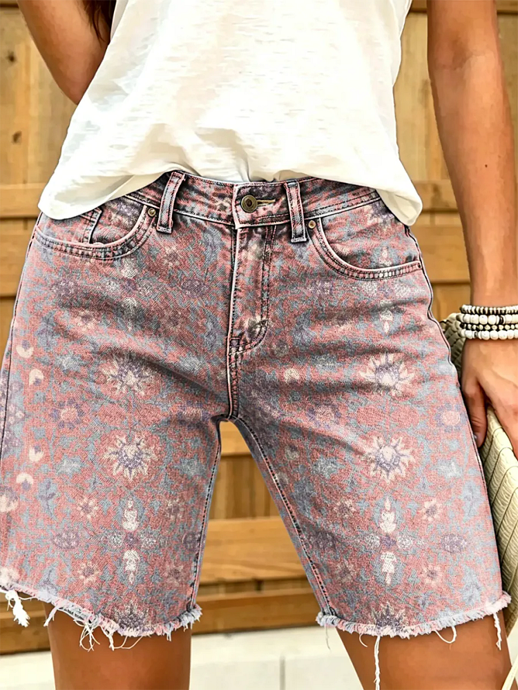 Women's Boho Medallion Print Frayed Hem Denim Shorts