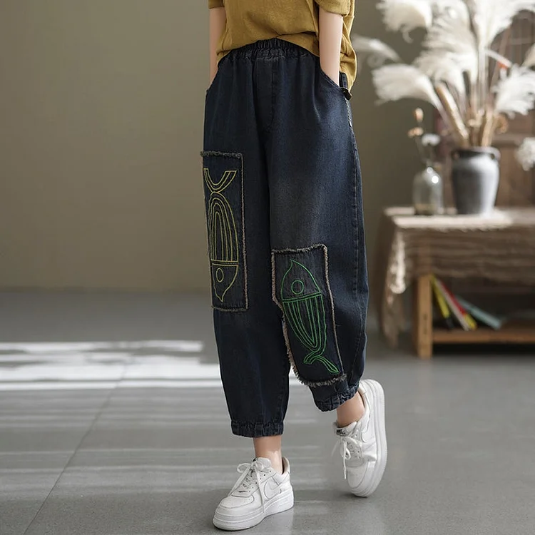Women Casual  Fish Embroidery Cotton Jeans