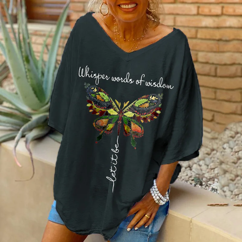 Oversized Whisper Words Of Wisdom Butterfly Printed Women Hippie T-shirt