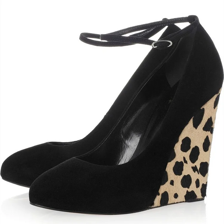 Leopard Print Black Suede Wedge Ankle Strap Pumps with Horse Fur Detail Vdcoo