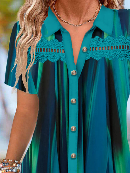 Women's Short Sleeve V-neck Hollow Graphic Lace Top