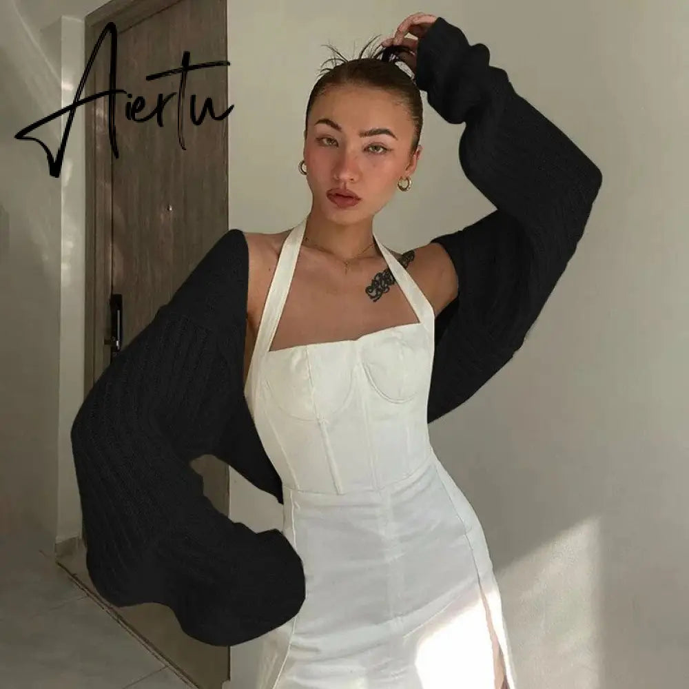White Women Sweater Shrugs Cropped Top Full Lantern Sleeve Knitwear Pullover Sexy Summer High Street Outwear Spring Aiertu