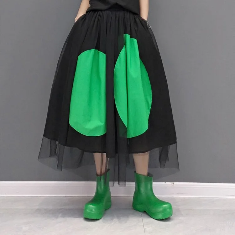 Chic Mesh Contrast Color Splicing Print Big Hem Skirt 