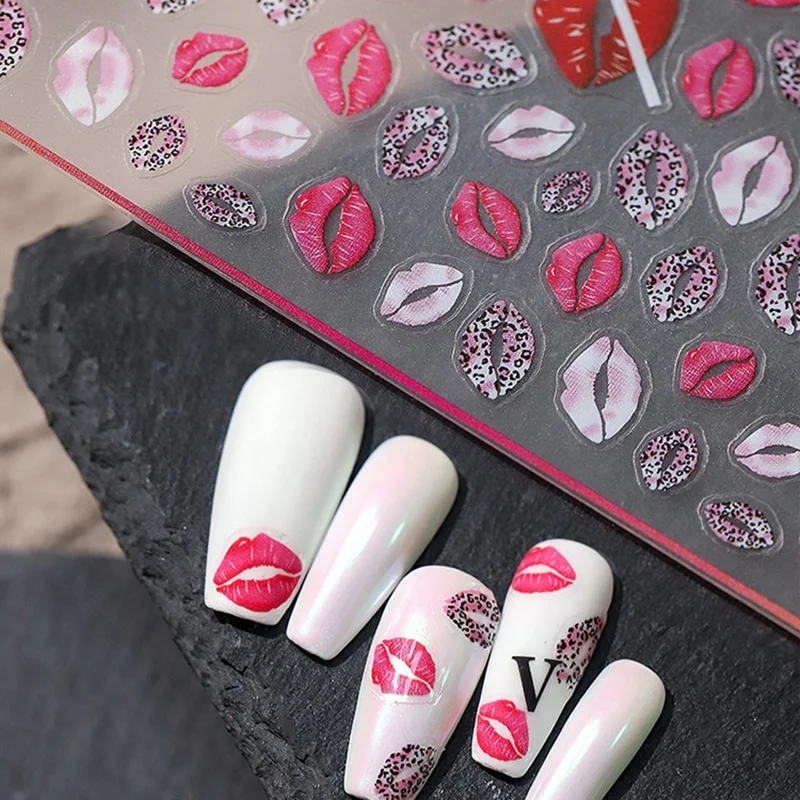 Churchf New 3D Self-Adhesive Bohemia Lovly Red Lips Image Nails Stickers for Nails Sticker Decorations Manicure Z0452-Nail Inspo