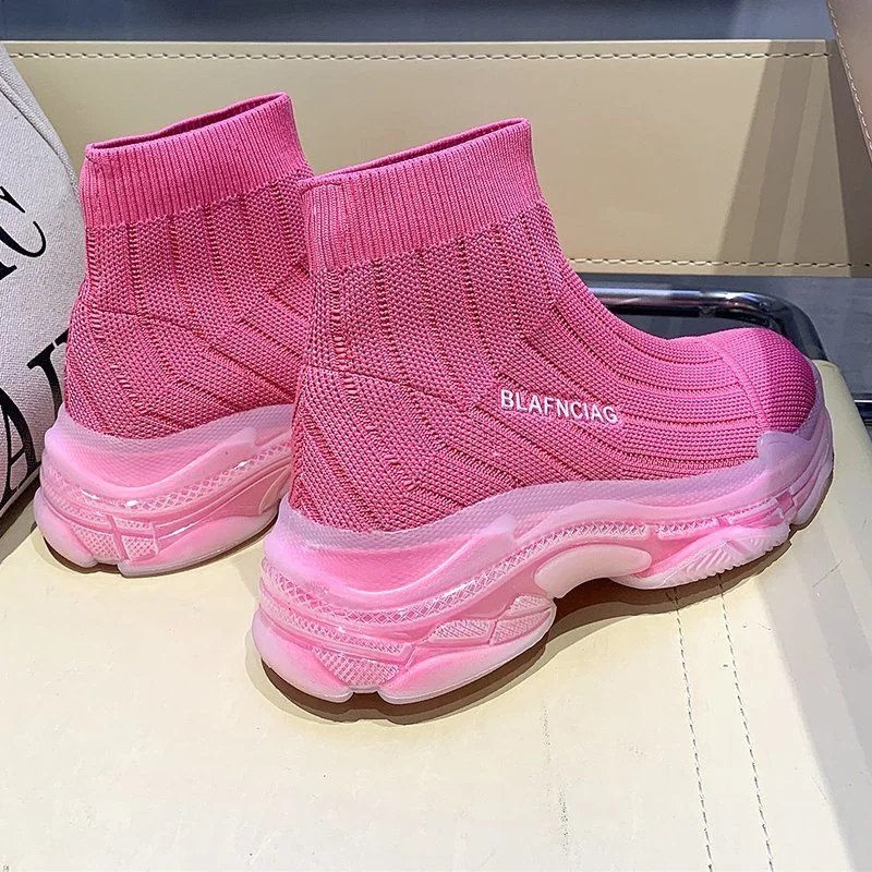 Fashion Women Boots Summer High Top Slip-on Breathable Socks Shoes Fashion Women's Chunky Sneakers Pink Green Sport Shoes