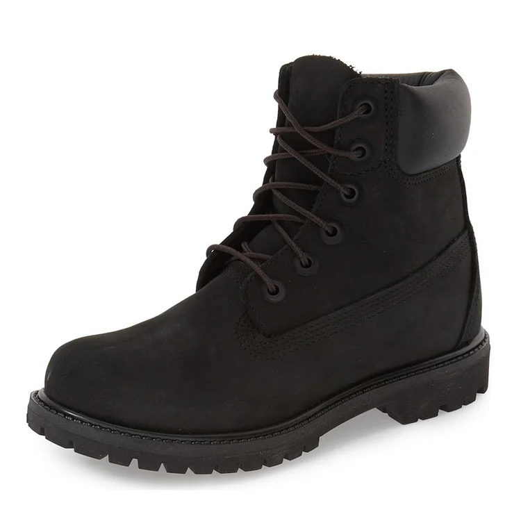 Black Vegan Suede Combat Boots Round Toe Lace-Up Flat Booties |FSJ Shoes