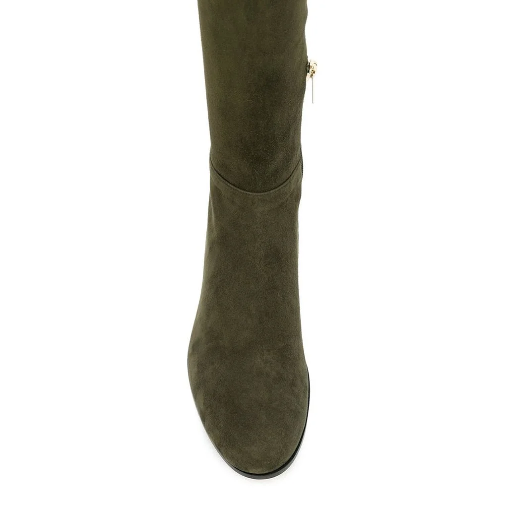 Simple Vegan Suede Chunky Heel Round Toe Over The Knee Boots in Olive