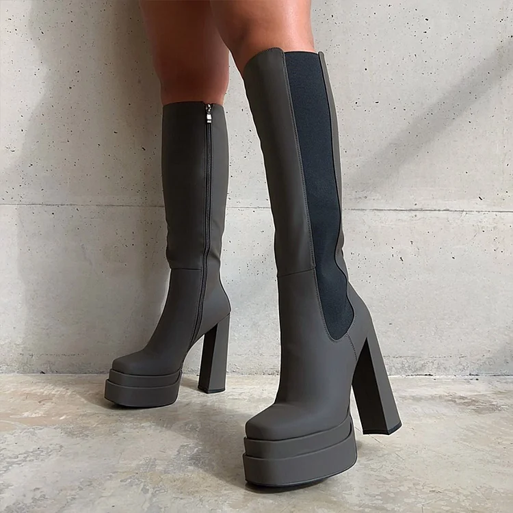 Dark Grey Platform Boots Square Toe Chunky Heel Inside Zipper Boots |FSJ Shoes