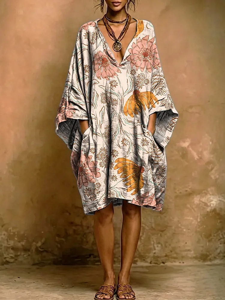 Women's Vintage Floral Print Short-sleeve Cotton-linen Dress
