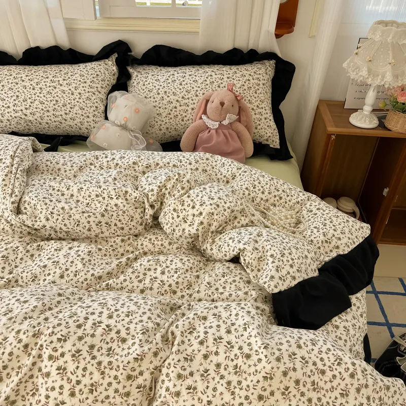 Aonga French Floral Bedding Set No Filler Korean Romantic Ruffles Single Double Queen Size Duvet Cover Sheet Pillowcase Home Textile aonga