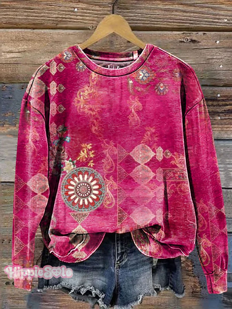 Vintage Ethnic Floral Art Print Casual Sweatshirt Multicolor / S