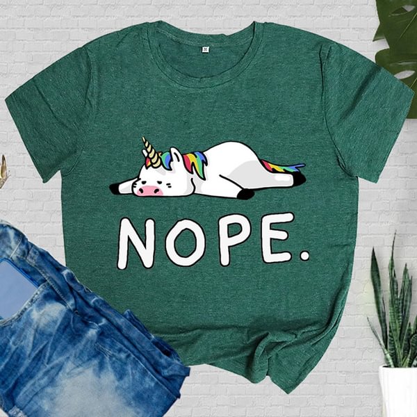 Cute Unicorn Nope Printed T-Shirts For Women Short Sleeve Funny Round Neck Tee Shirt Casual Summer Tops - Chicaggo