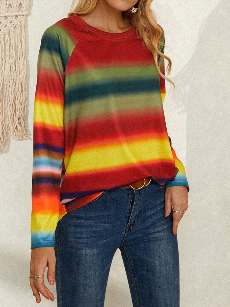 Rainbow Multi-color Striped Print Long Sleeve Casual Sweatshirt