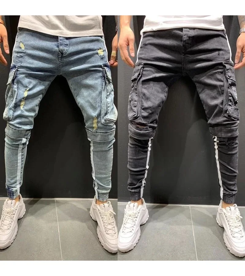 Men Fashion Patchwork Big Pocket Casual Jeans S-3XL