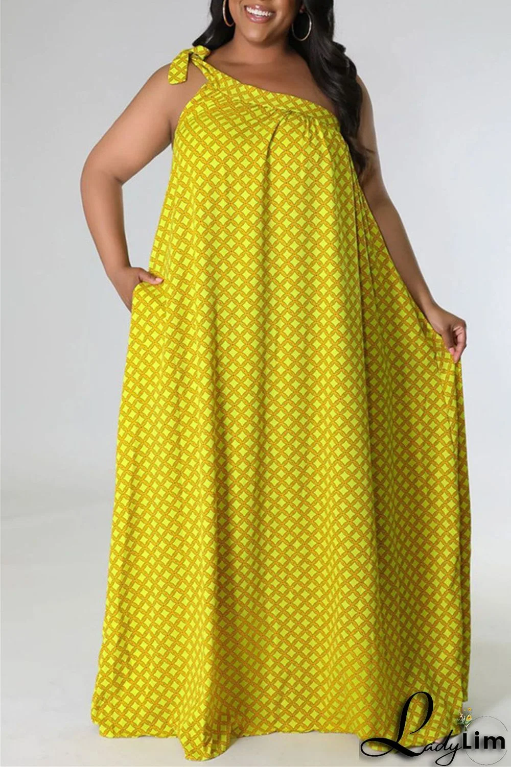 Yellow Fashion Sexy Plus Size Print Bandage Backless Oblique Collar Sleeveless Dress