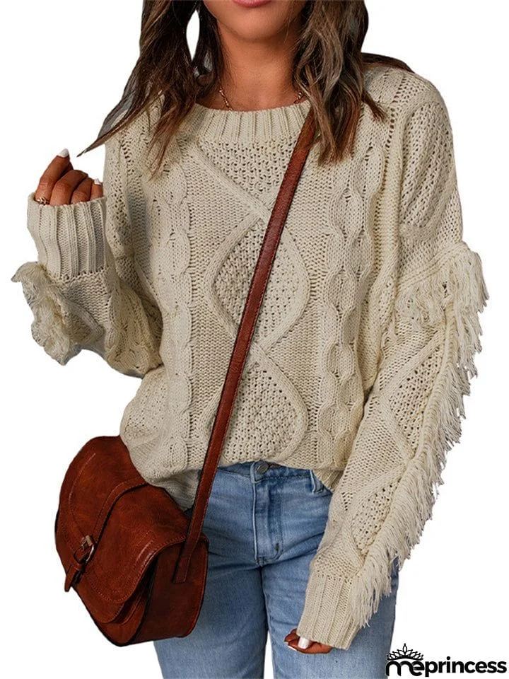 Loose-fitting Turtleneck Fringe Solid Color Pullover Knit Sweater for Women