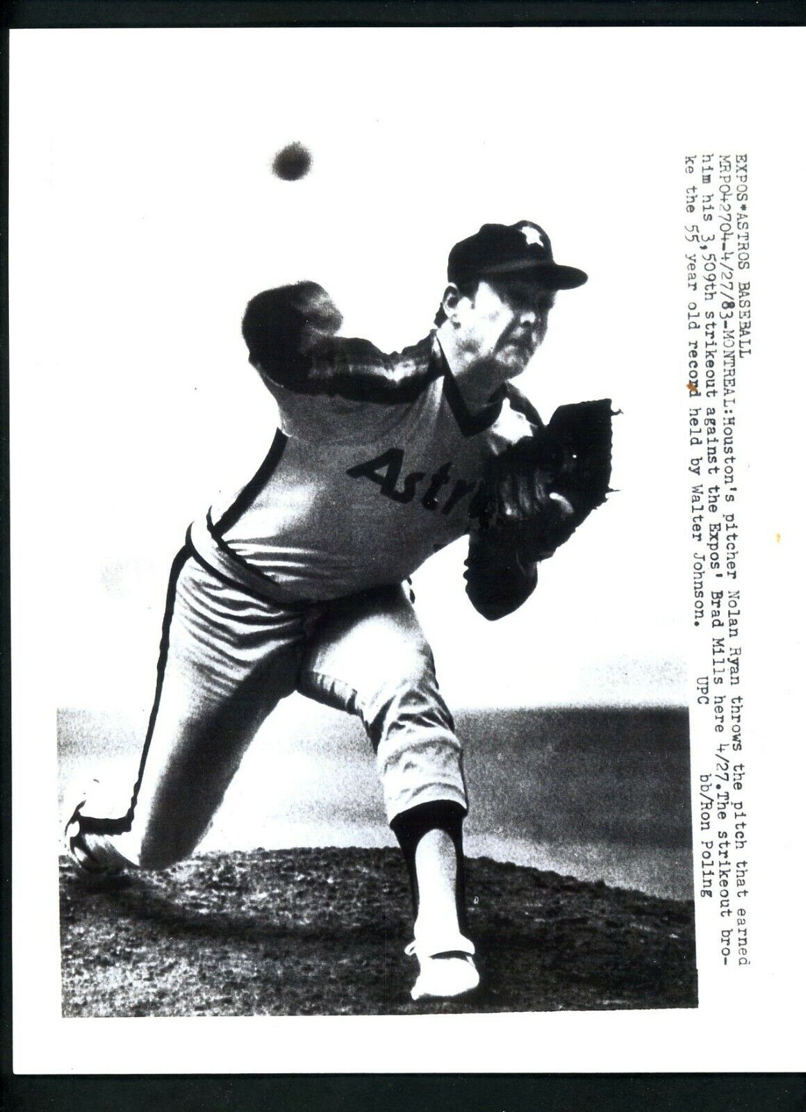 Nolan Ryan sets career strikeout record Type IV 1983 Press Photo Poster painting Houston Astros