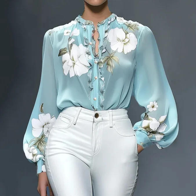 Elegant Floral Pattern Ruffled Lantern Sleeve Button Semi-Sheer Blouse