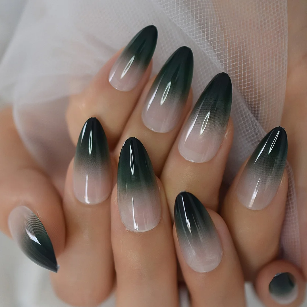 EchiQ Almond Press On Nails Black Ferns Pattern Matte Faux Ongles Beige Leaves Fashion Style Designed Tips 24-Nail Inspo
