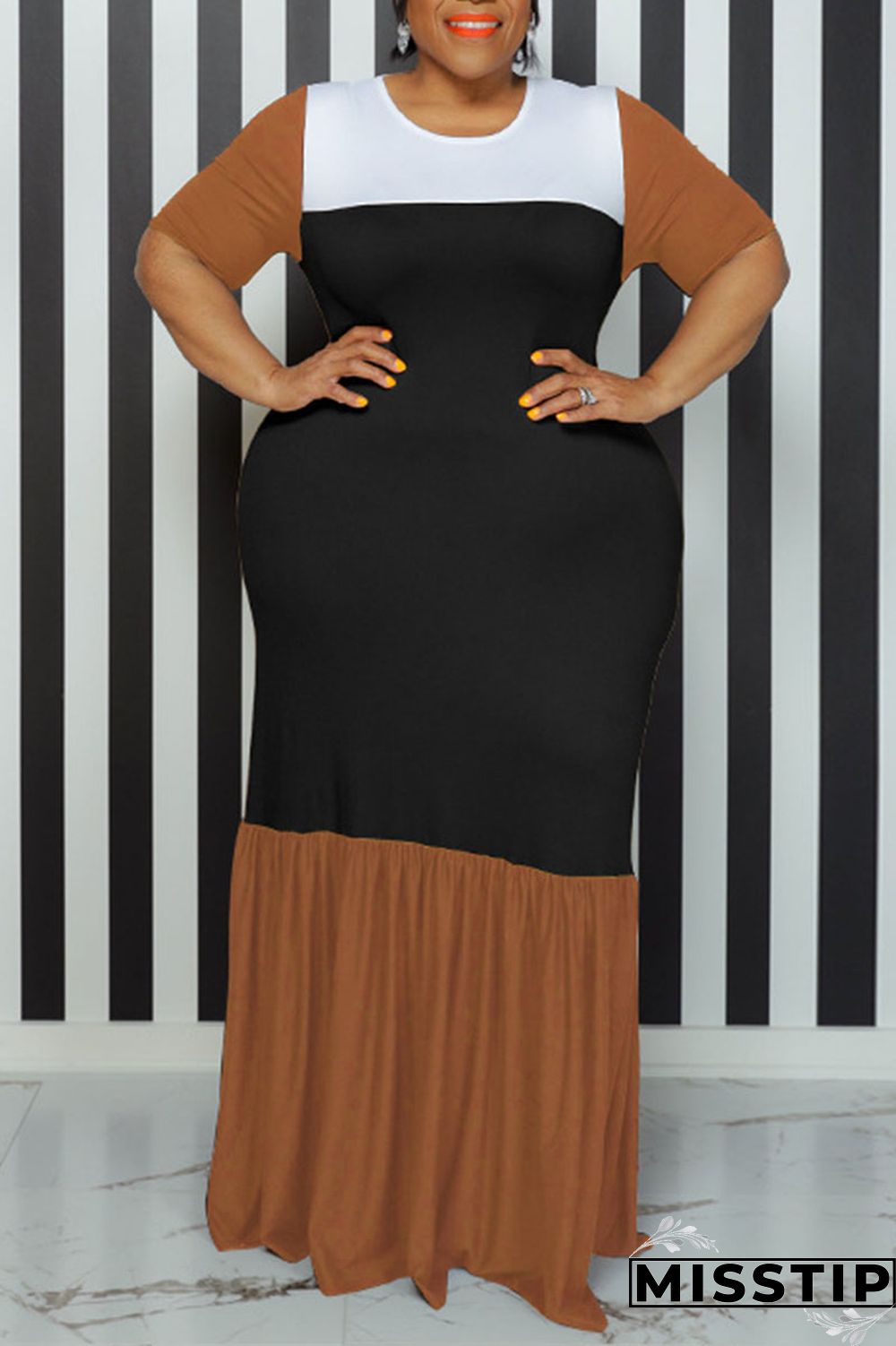 Black Casual Solid Patchwork O Neck Straight Plus Size Dresses