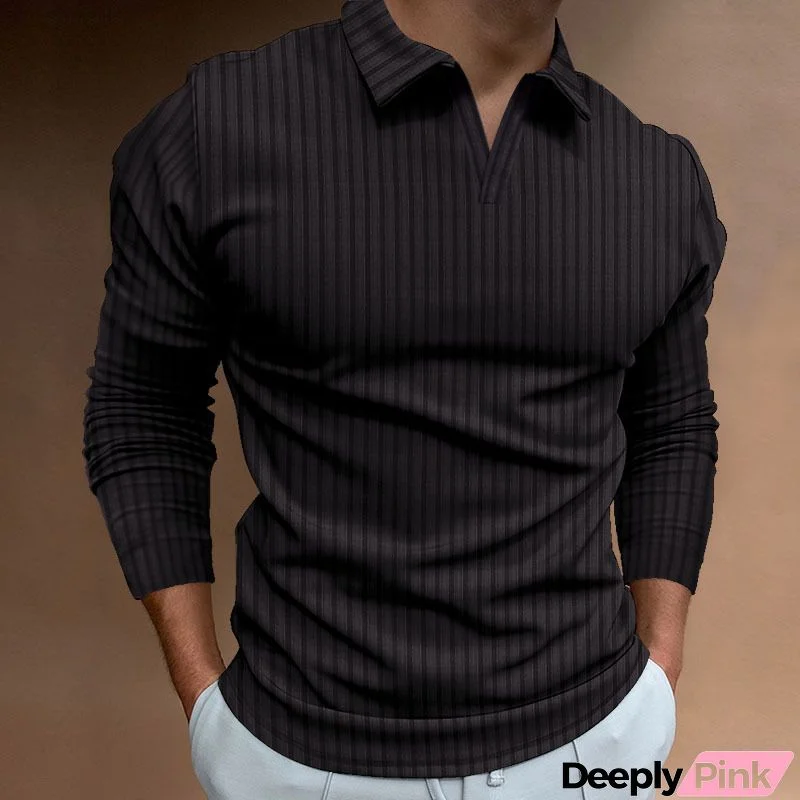 Men Casual Solid Color Lapel Long Sleeve Polo Shirt
