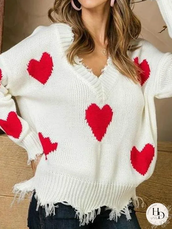 Christmas Sweater Love Splicing V Turtleneck Sweater Women's Loose Pullove