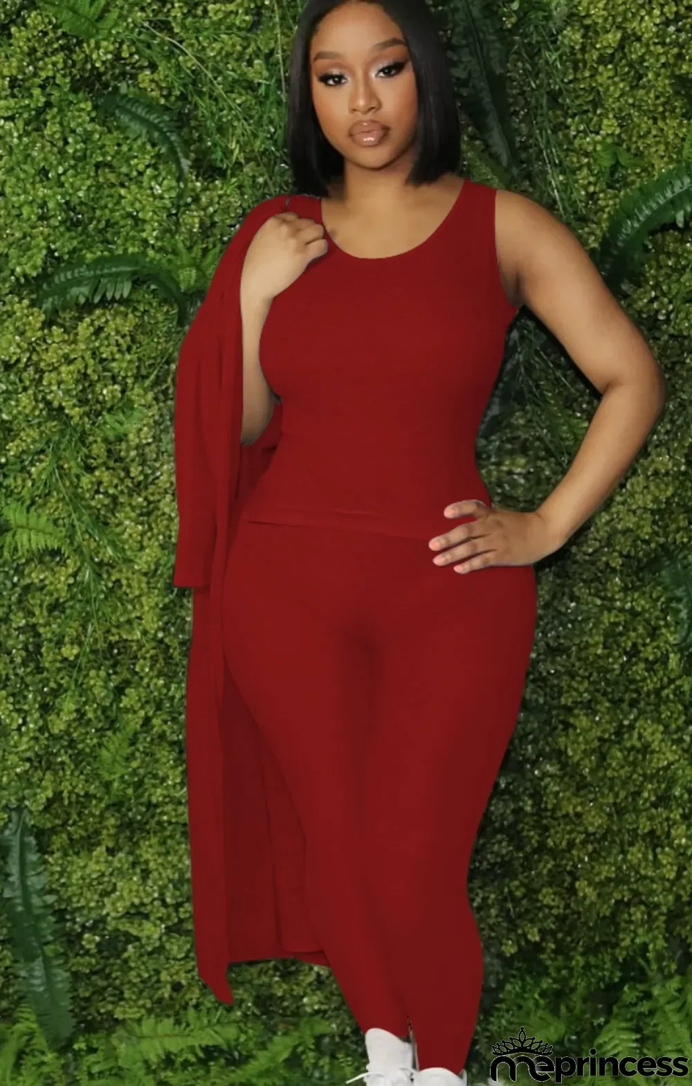 Autumn Red Basic Long sleeve Jumpsuit and Long Coat 2 piece set