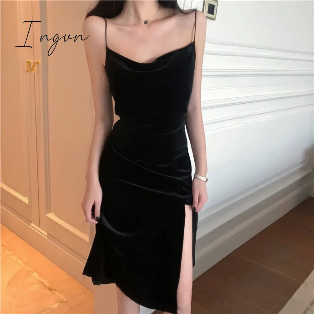 Ingvn - Brand New Women Dress Spaghetti Strap Slit Velvet Black Sexy Bodycon Bandage Midi Party