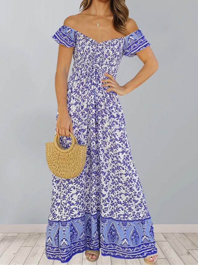 Women's Short Sleeve V-neck Floral Printed Midi Dress