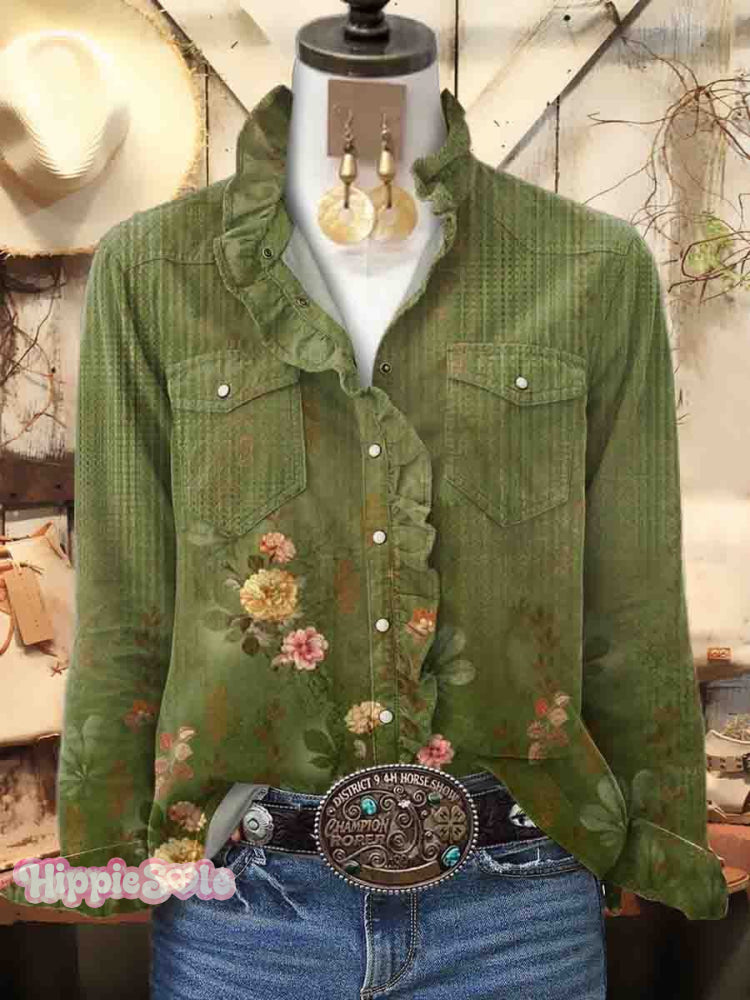 Women’s Vintage Floral Art Pattern Print Casual Long Sleeve Cotton Shirt Multicolor / S