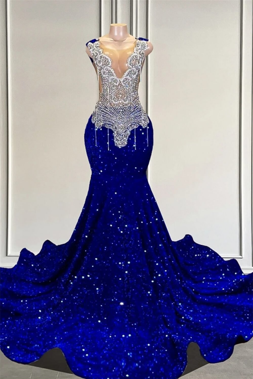 Lisliy Royal Blue Sleeveless Deep V-Neck Beaded Mermaid Prom Dress 