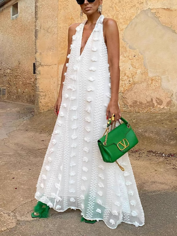 Flower Embellished Halterneck Deep-V Solid Color Loose Maxi Dress