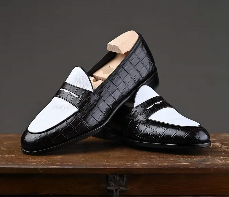 Men's Two-Tone Crocodile Leather Moccasins Loafers