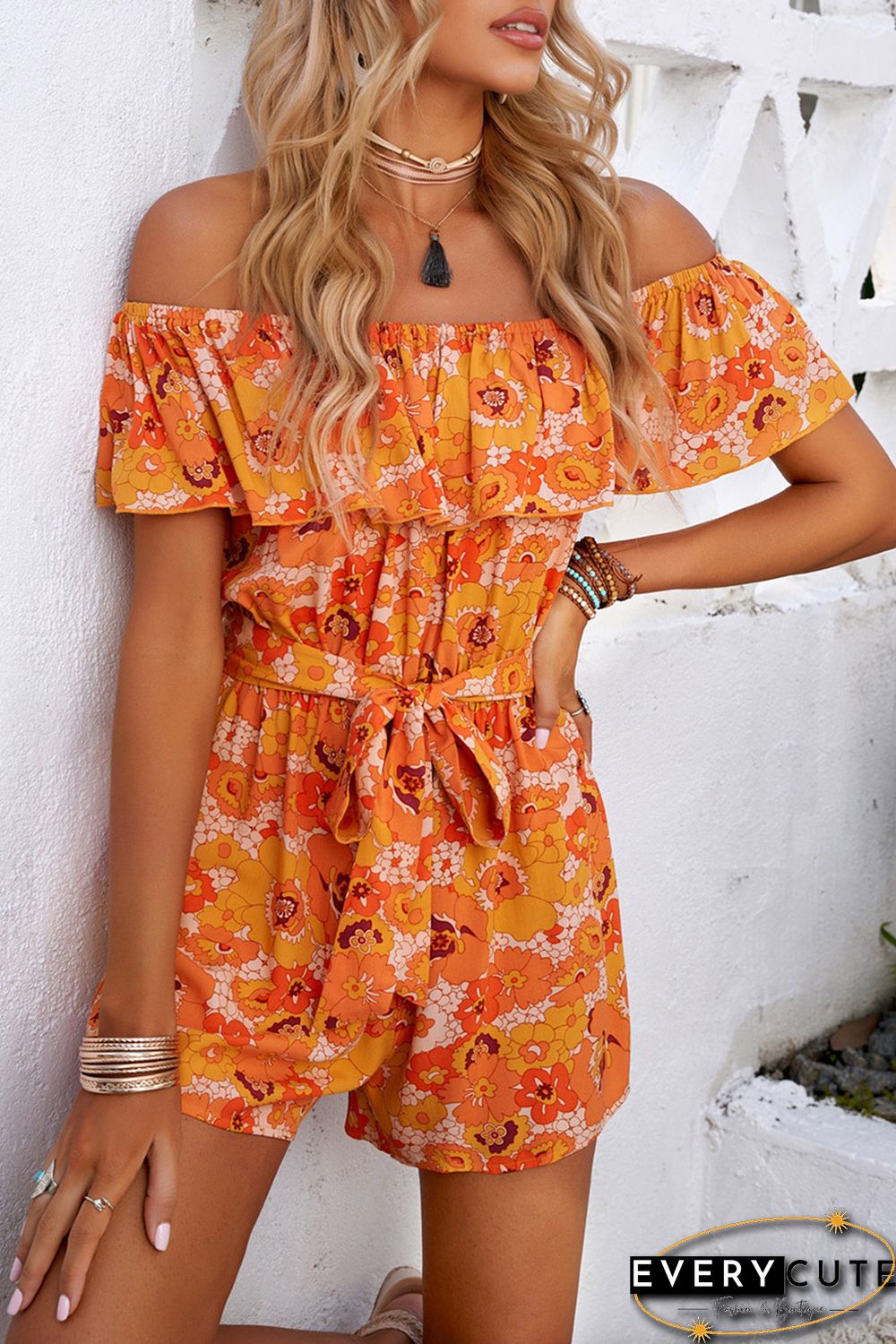 Orange Floral Print Flounce Belted Off Shoulder Romper
