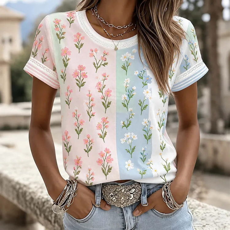 Women's Retro Rose Art Embroidery Color Block Splicing Comfortable Cotton Linen Round Neck Short Sleeve Top