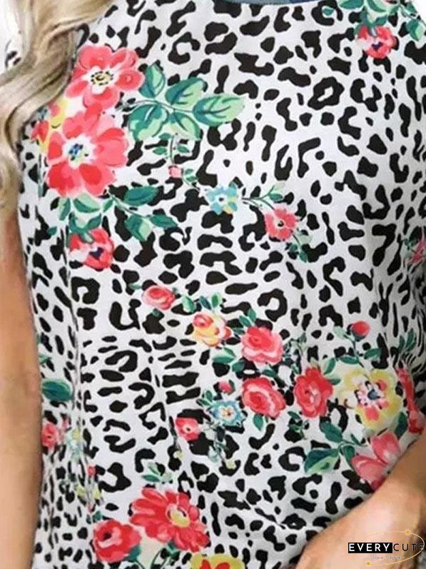 Flower Leopard Print Short Sleeve Crew Neck T-Shirt for Women