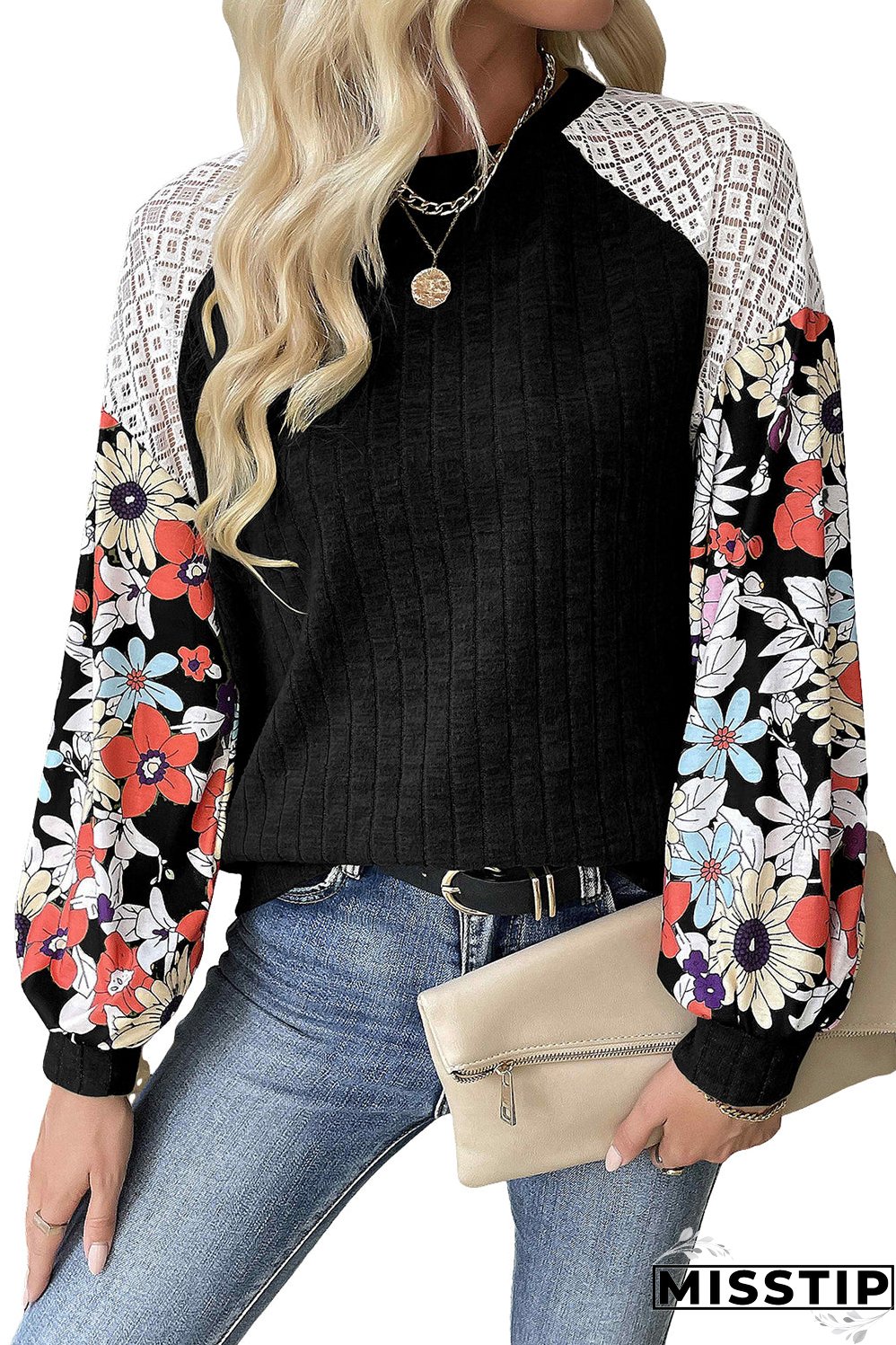 Black Floral Patchwork Long Sleeve Ribbed Blouse