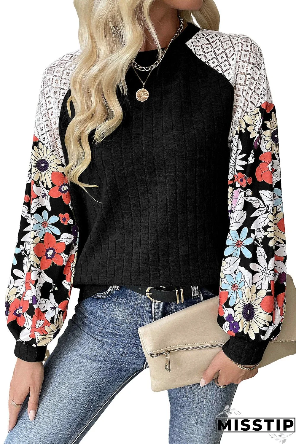 Black Floral Patchwork Long Sleeve Ribbed Blouse