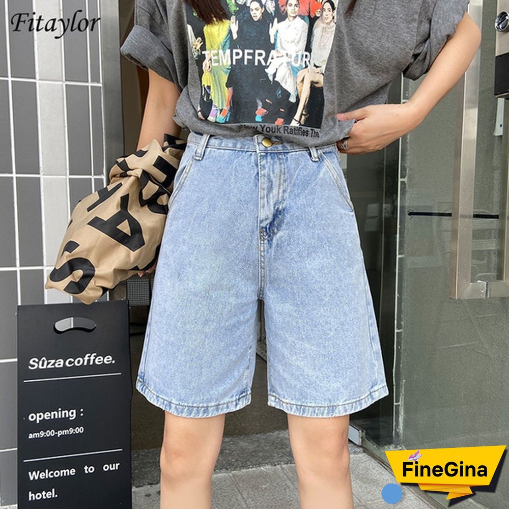 New Summer Women High Waist Wide Leg Black Denim Shorts Casual Female Loose Straight Button Jeans Bermuda Shorts
