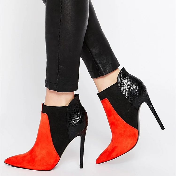 Red and Black Vegan Suede Stiletto Boots Python Ankle Boots for Women |FSJ Shoes