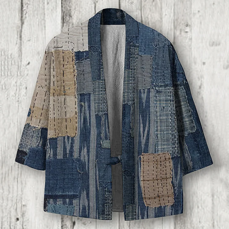 Japanese Retro Patchwork Art Linen Blend Kimono Cardigan