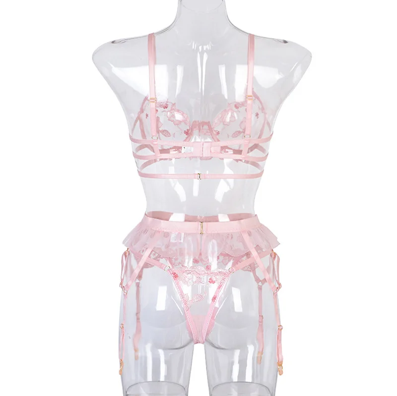 Billionm New Women Lingerie Pink Bra and Panty Sensual Lace Sheer Underwear Langerie Floral Embroidery Transparent 3pcs Patchwork Costume