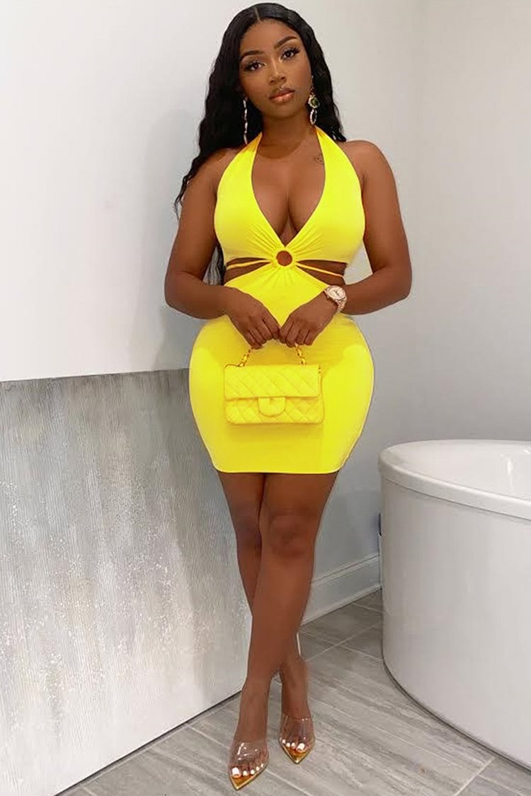 Deep V Neck Halter Cut Out Backless Bodycon Party Mini Dress