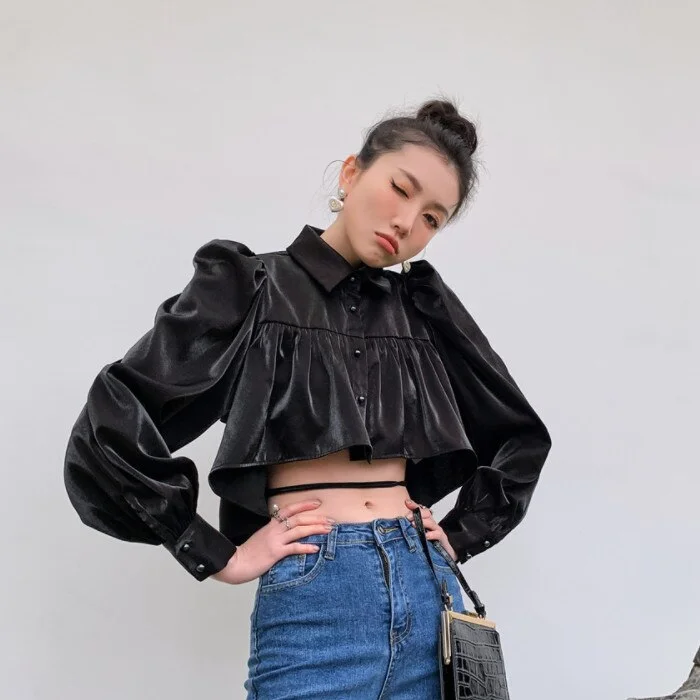 Zingj Glitter Ruffles Blouses For Women Fashion 2022 Puff Sleeve Cropped Shirt Backless Long Sleeve Designer Top Fall 2022