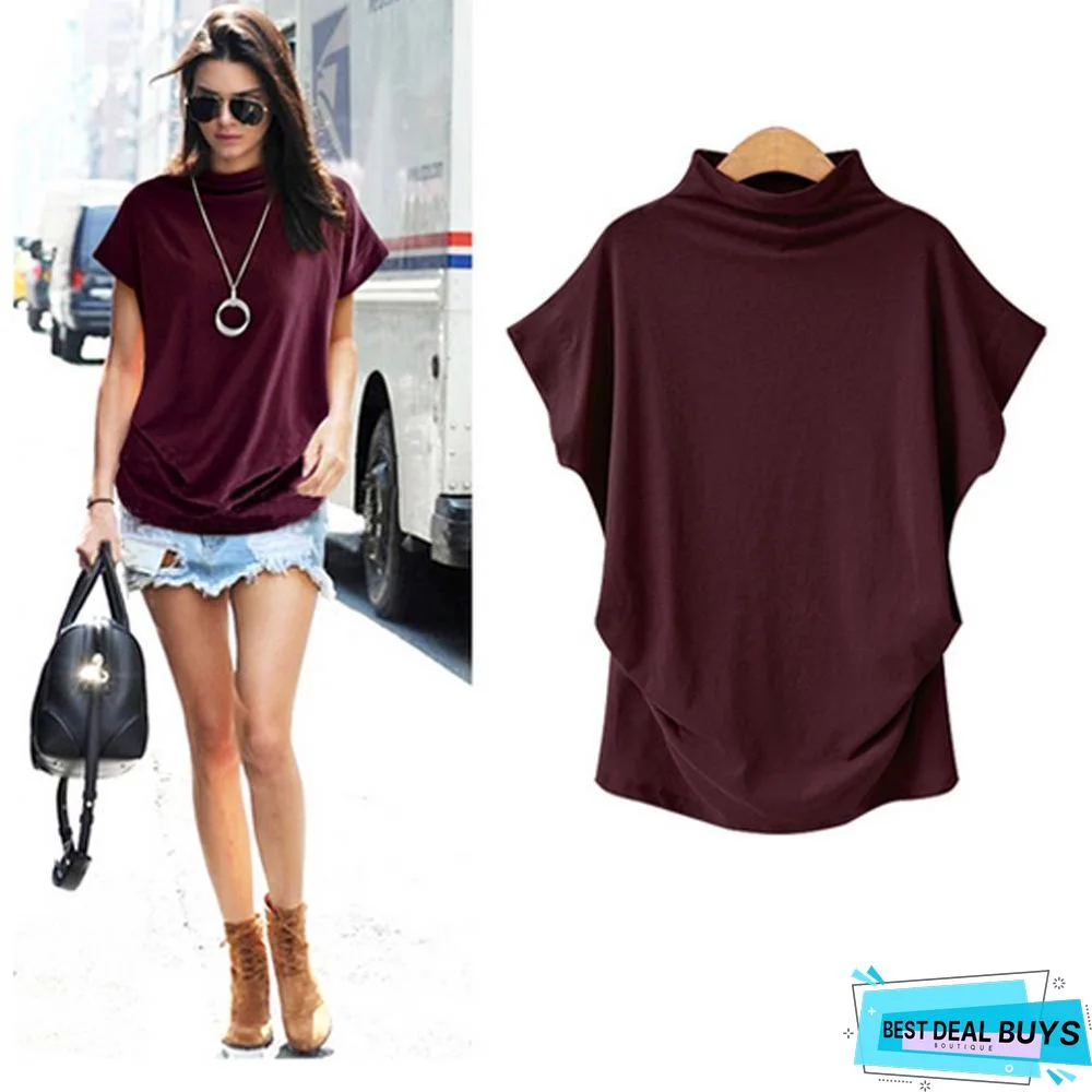 Women Casual Short Batwing Sleeve Loose Tops Solid Black Gray Turtleneck Tee T-Shirts
