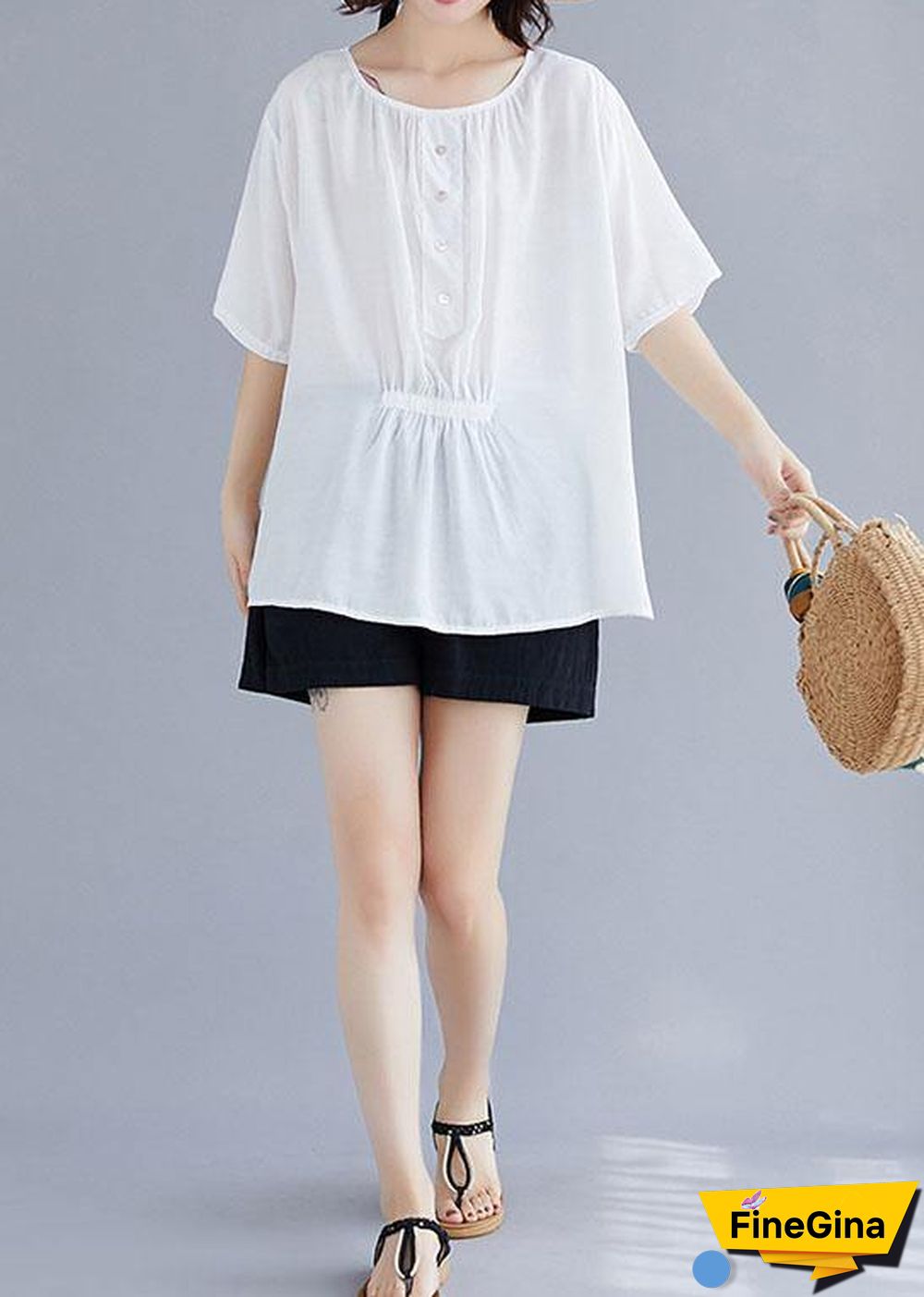 Natural white cotton Blouse o neck half sleeve loose summer top