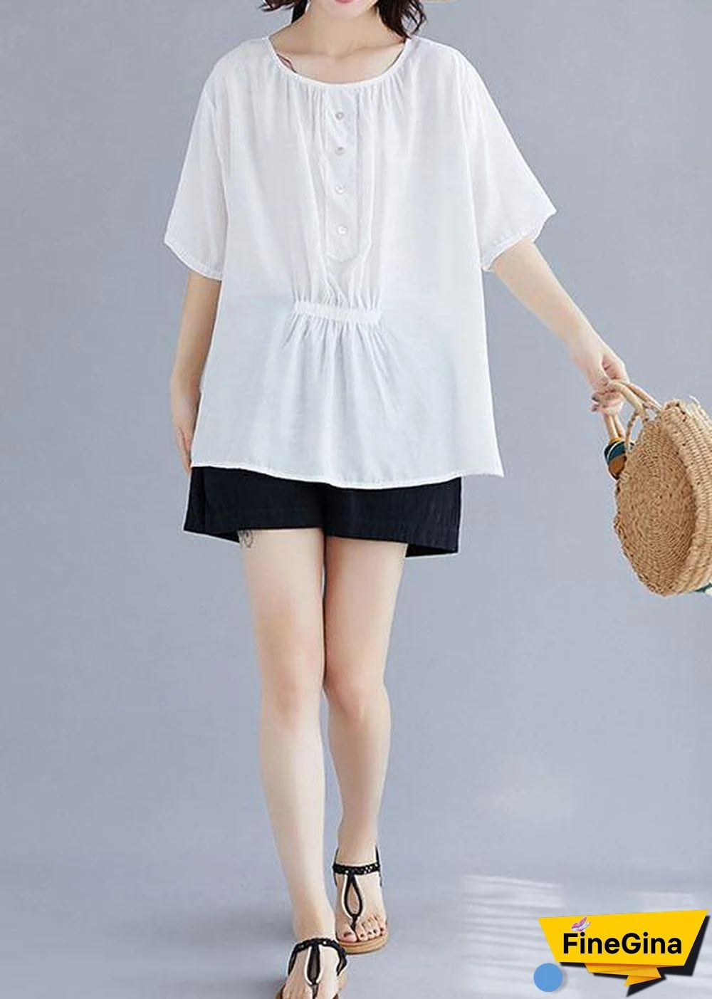 Natural white cotton Blouse o neck half sleeve loose summer top