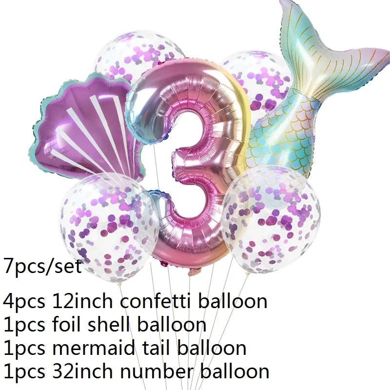 7pcs Mermaid Party Balloons 0 1 2 3 4 5 6 7 8 9 Number Foil Balloon Kids Birthday Party Decorations Baby Shower Helium Globos