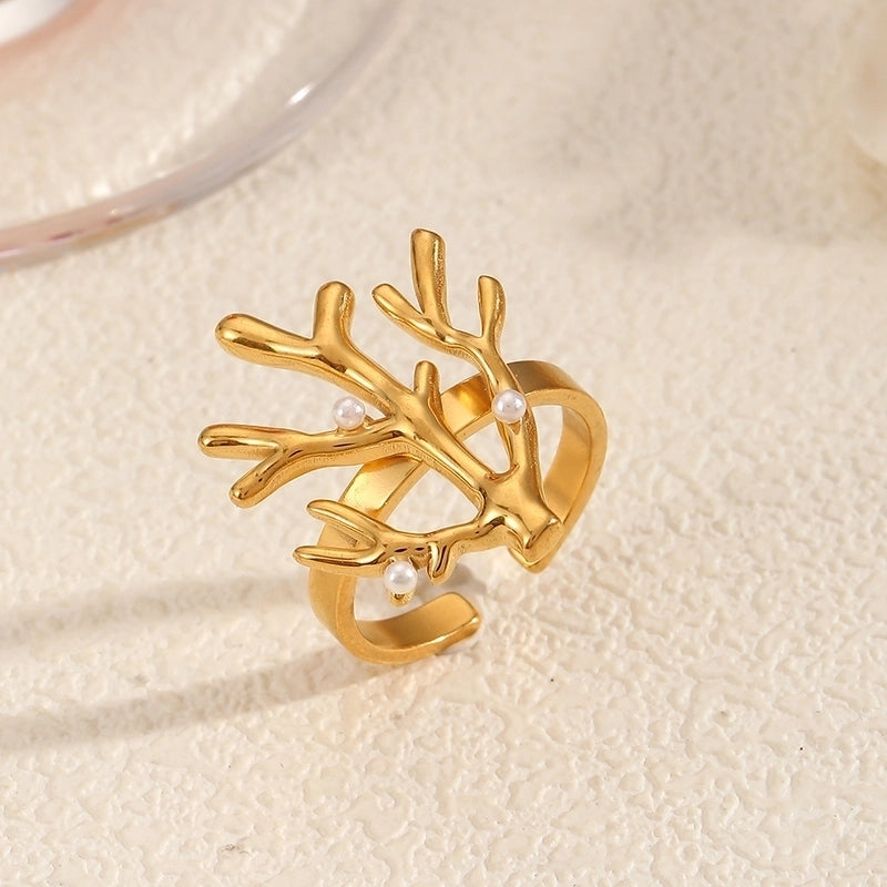 Elegant Flower 304 Stainless Steel Pearl Inlay Open Rings