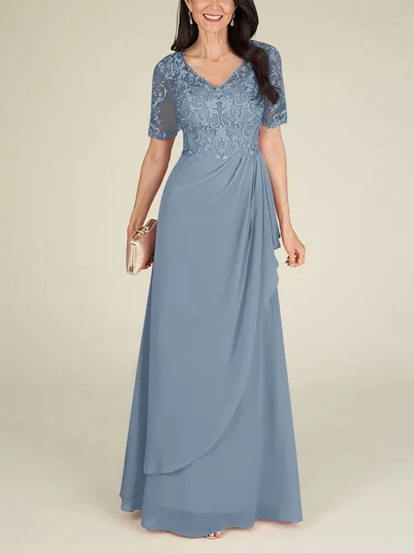 Floor-to-ceiling chiffon lace back zip bridal mom dress